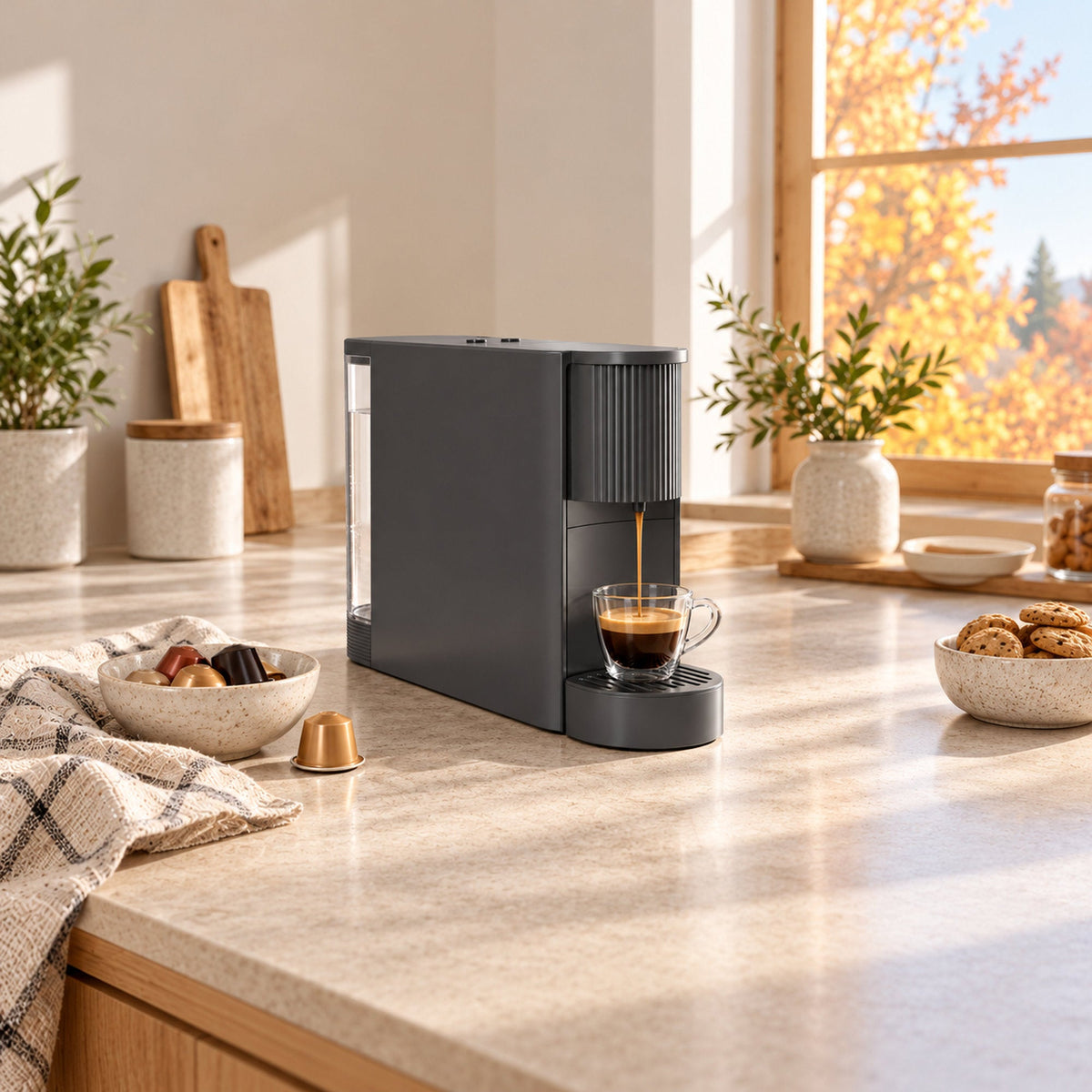 JAP Capsura koffiecupmachine voor espresso en lungo in gebruik