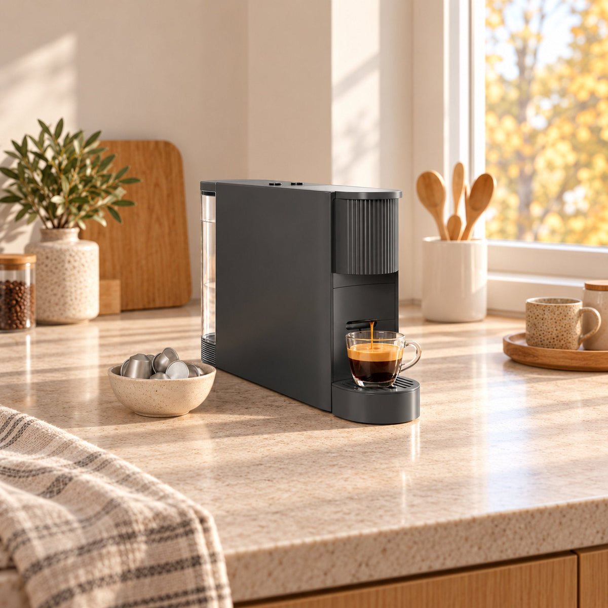 JAP Capsura koffiecupmachine voor espresso en lungo in gebruik