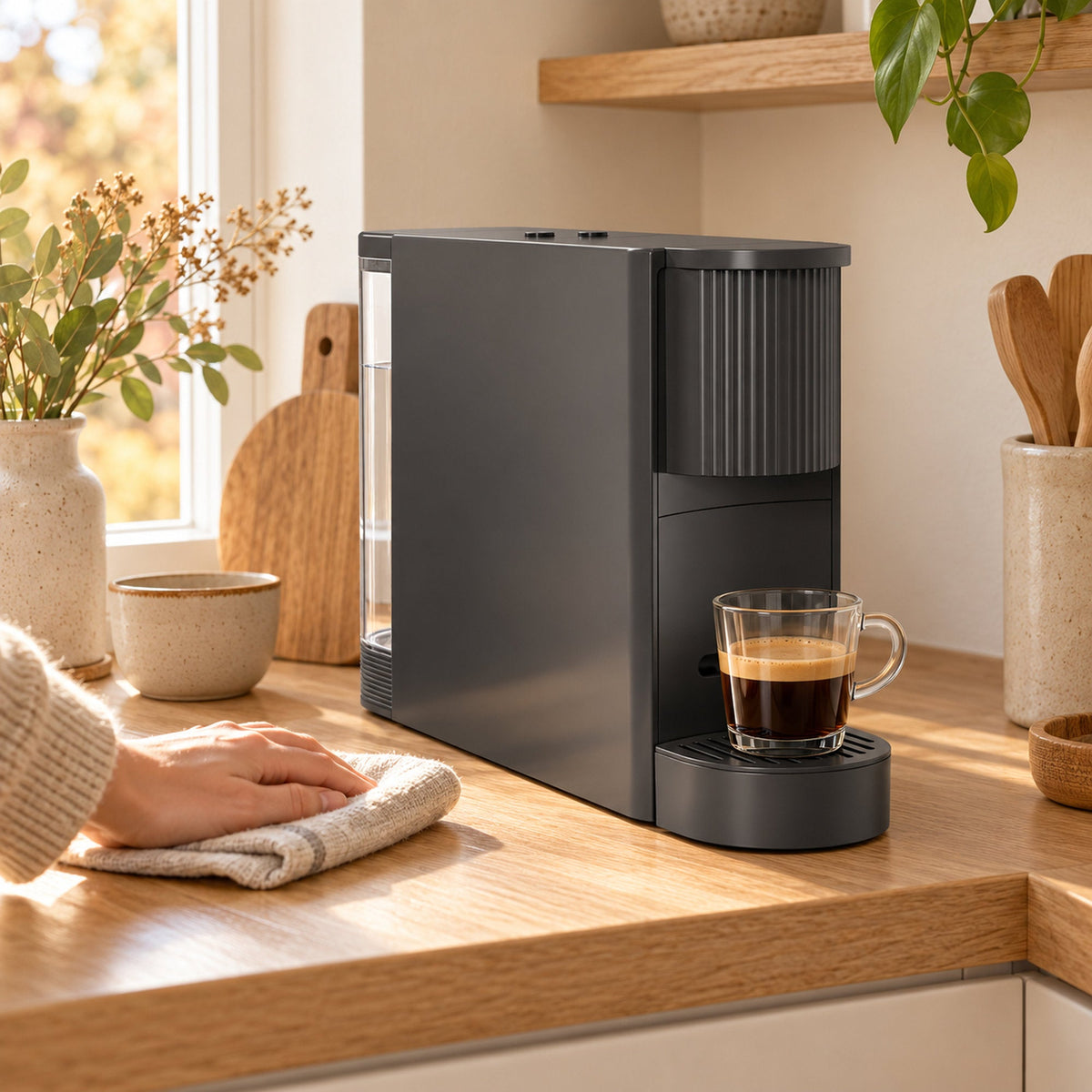 JAP Capsura koffiecupmachine voor espresso en lungo in gebruik