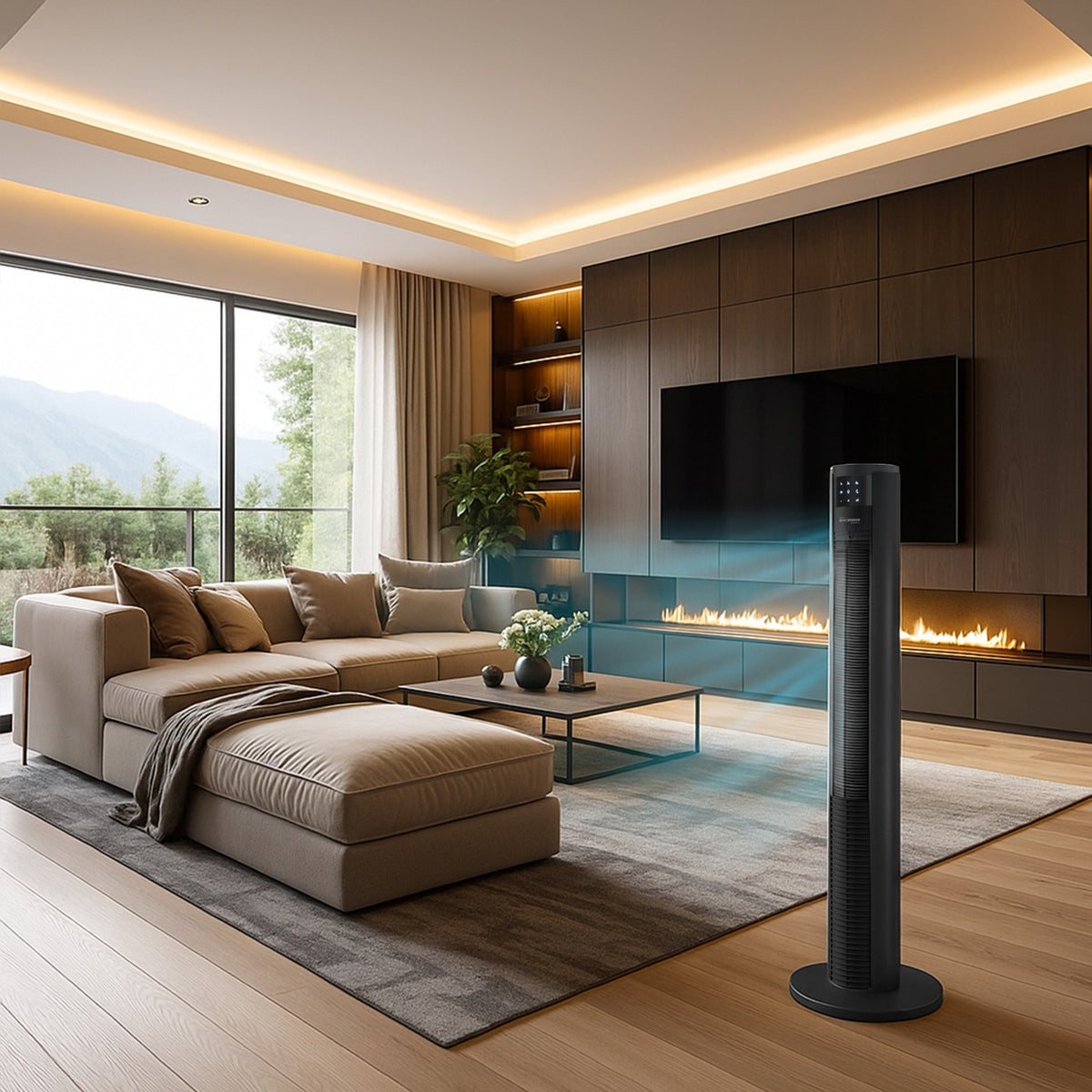 JAP Montreal torenventilator met afstandsbediening en timer in gebruik