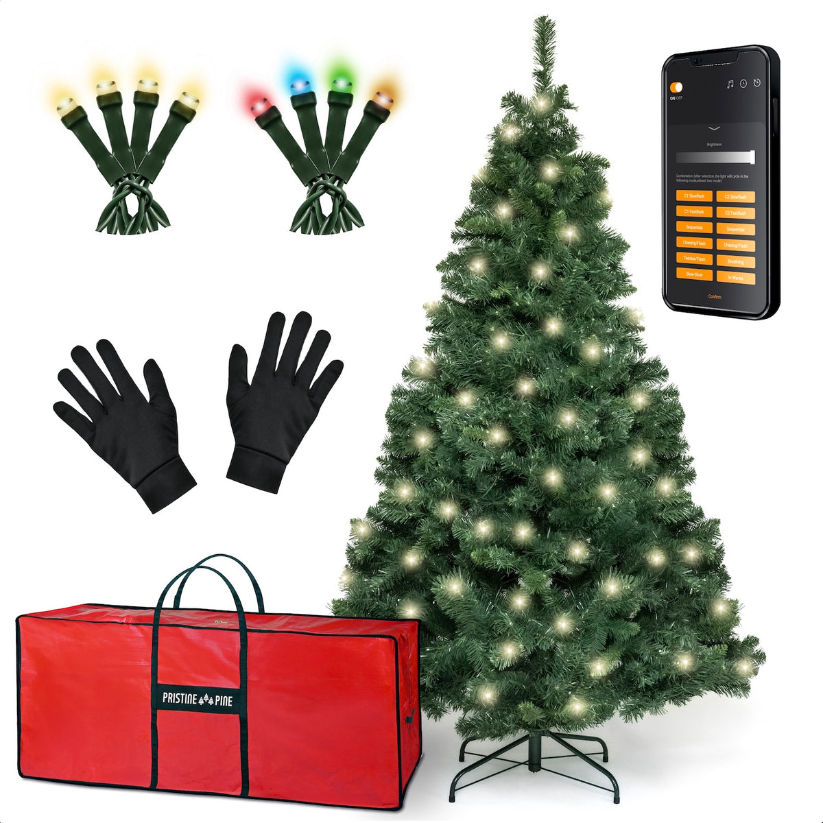 PristinePine Volle kerstboom met verlichting 210 cm, met opbergtas en handschoenen; bediening via de app