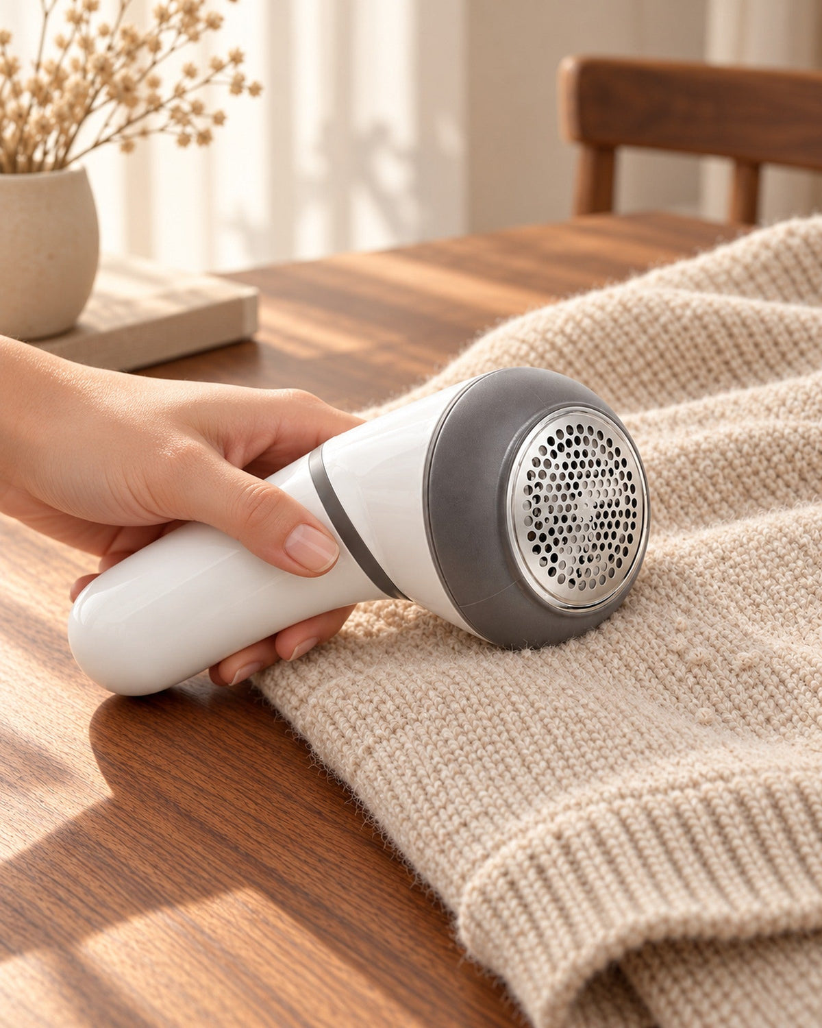 Lint Pro pluizentondeuse in de hand tegen een beige gebreide trui
