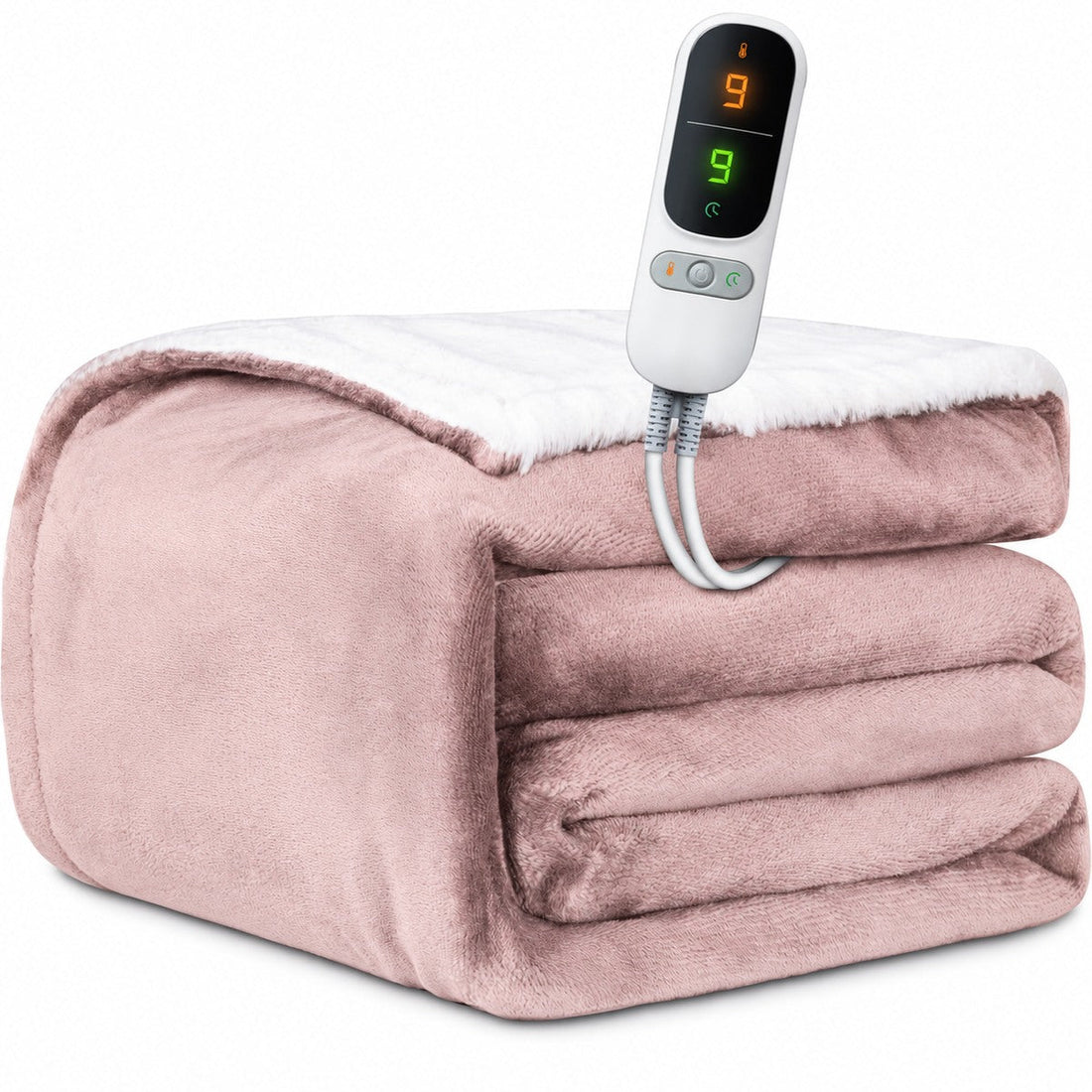 PowerNap elektrische deken in dusty pink, opgevouwen met witte bediening