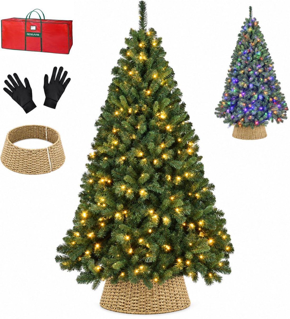 PristinePine Volle kerstboom met verlichting 180 cm in de kerstboommand van zeegras, met opbergtas en handschoenen