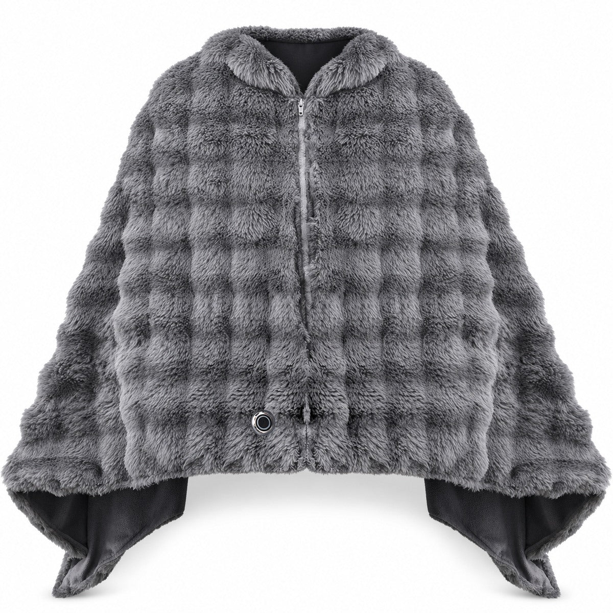 Solace elektrische poncho in antraciet met rits, geribde stof en bedieningsknop, van voren