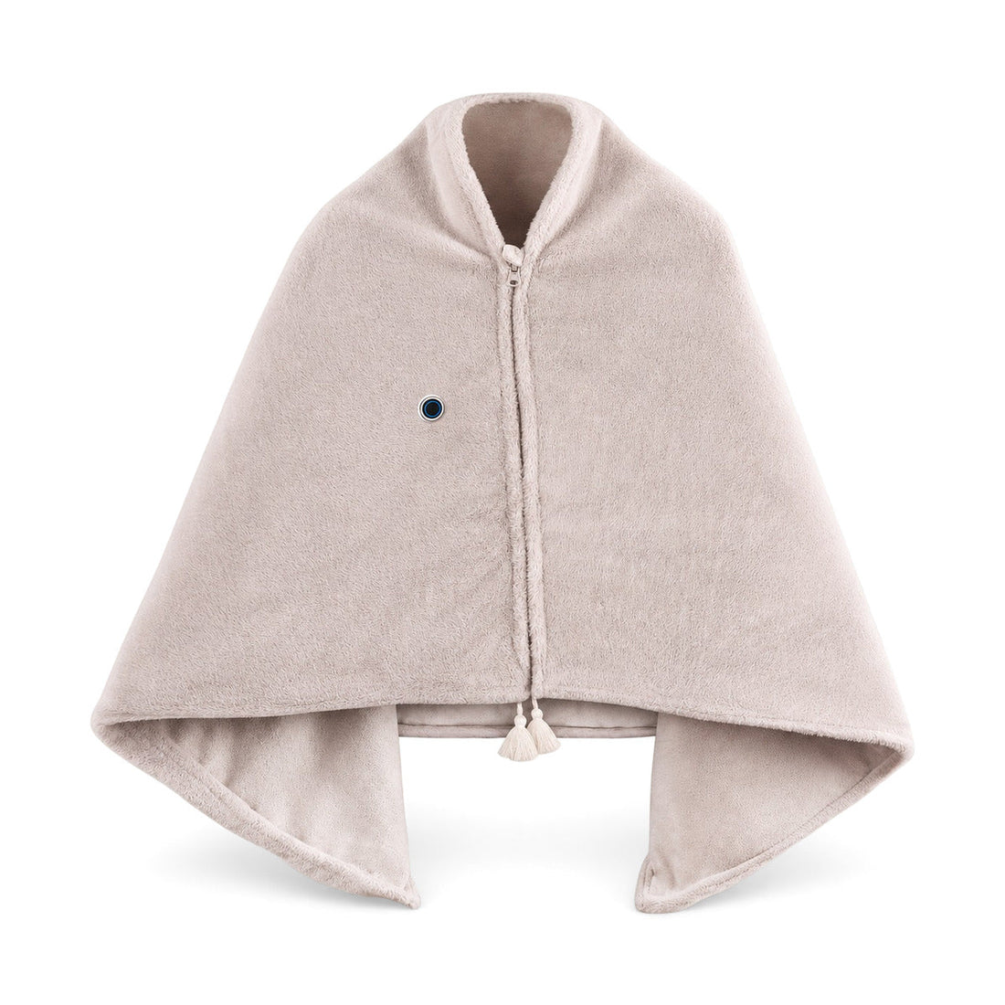 Solace elektrische poncho in beige met rits en ronde bedieningsknop, van voren