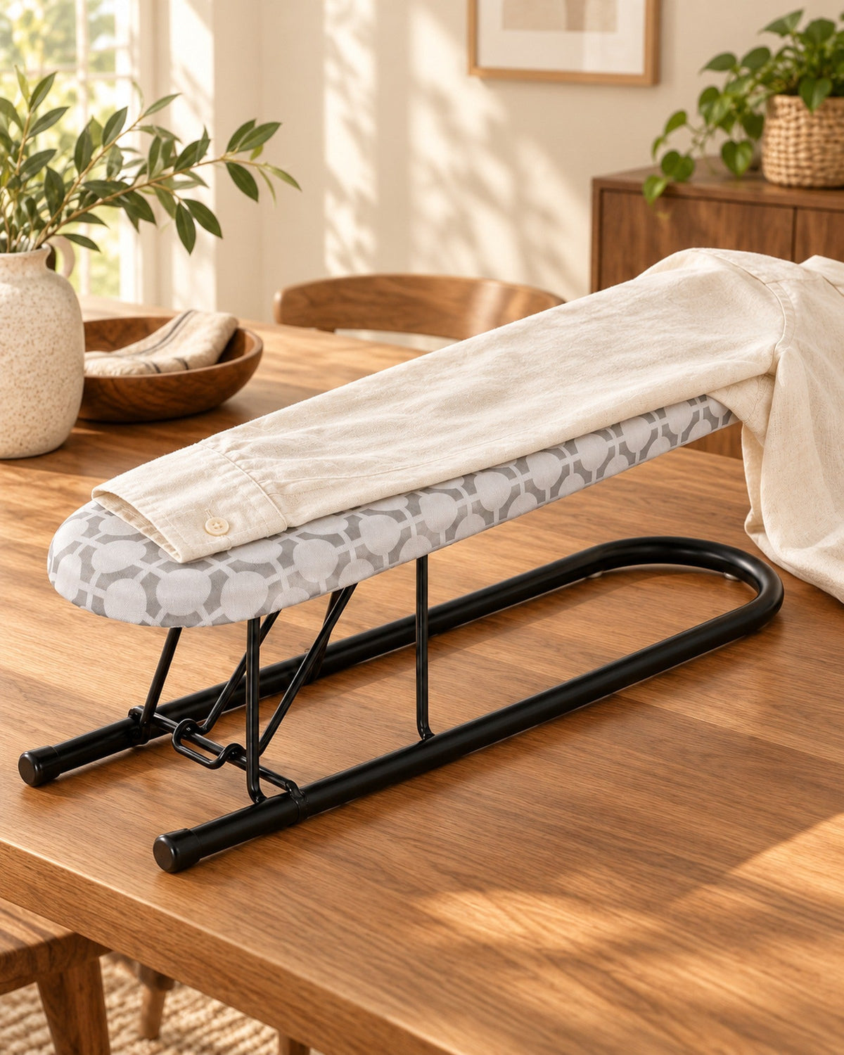 Ironiq Sleeve mouwplank met een witte overhemdmouw op een houten tafel