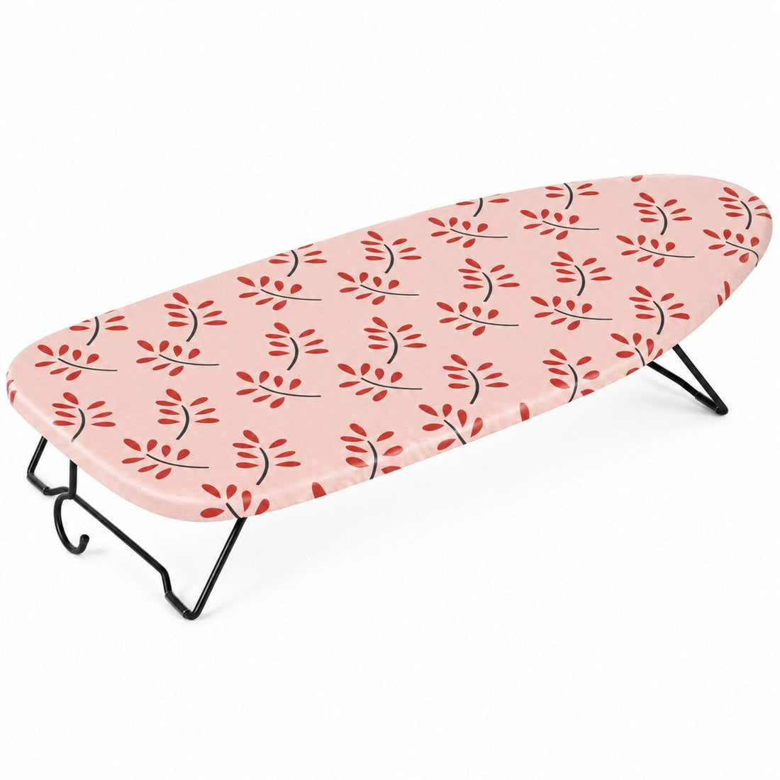 Ironiq tafelstrijkplank met roze hoes en rood bladdessin, zwarte poten en ophanghaak