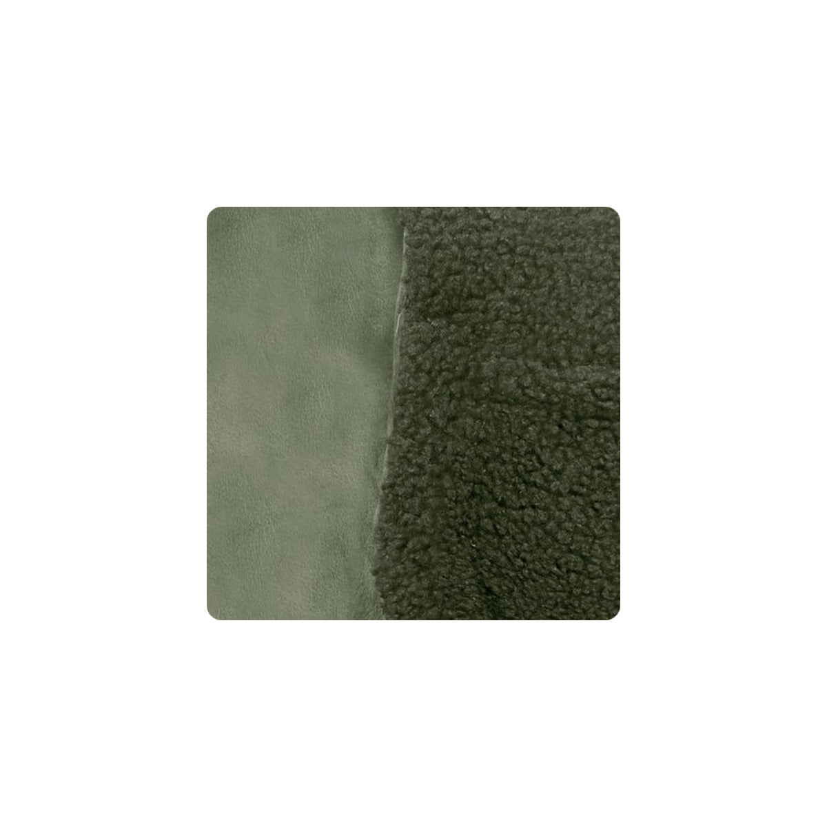 Gladde en sherpa stof van het groene Thera warmtekussen voor nek en schouders, naast elkaar