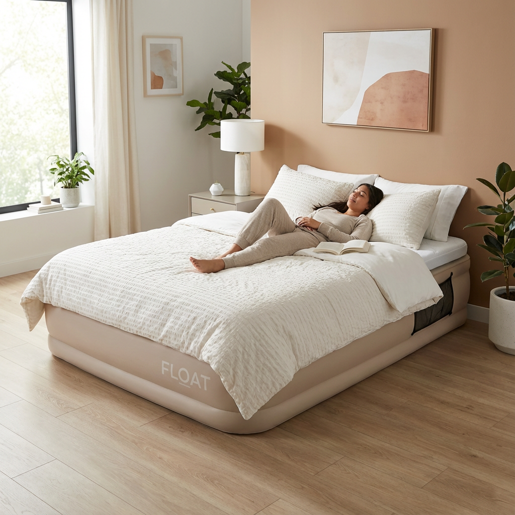FLOAT CloudSpring tweepersoons luchtbed met schuimtopper, beige, in gebruik