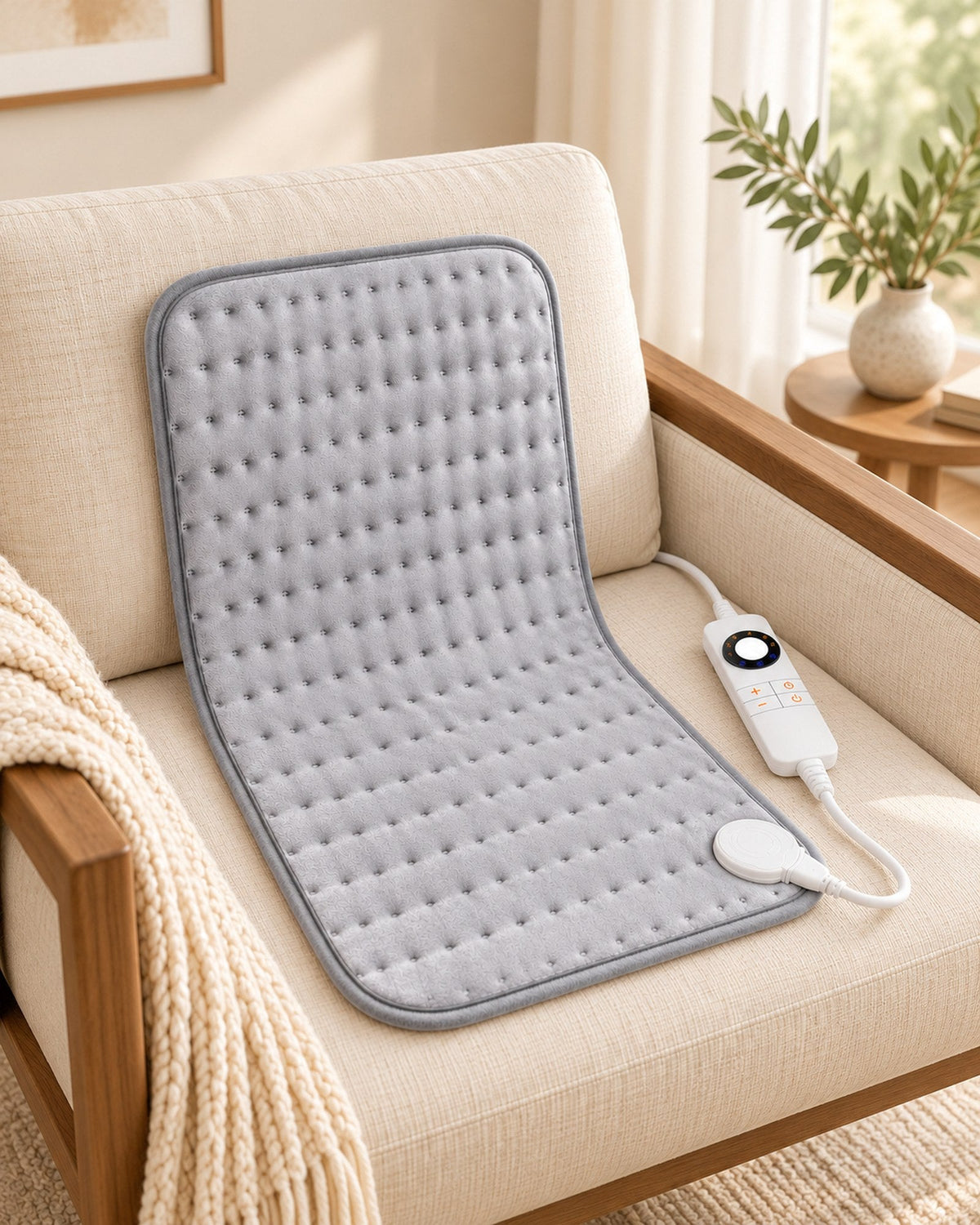 HeatMat elektrisch warmtekussen in grijs met witte bediening op een linnen fauteuil