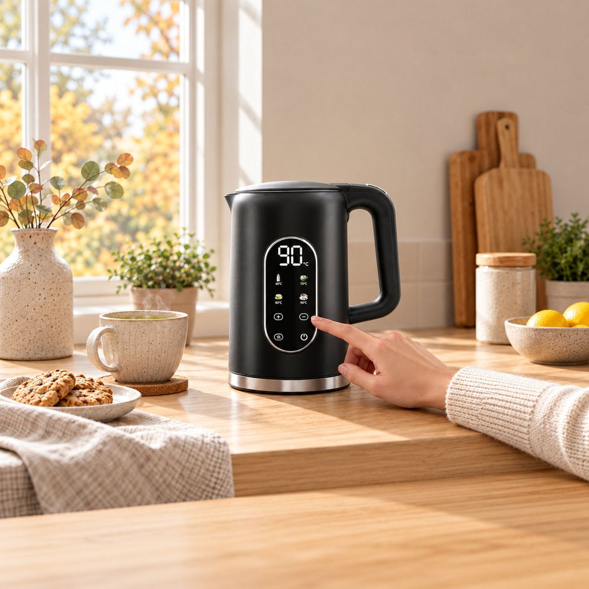 JAP Aquanova waterkoker 1,7 liter met temperatuurregeling in gebruik