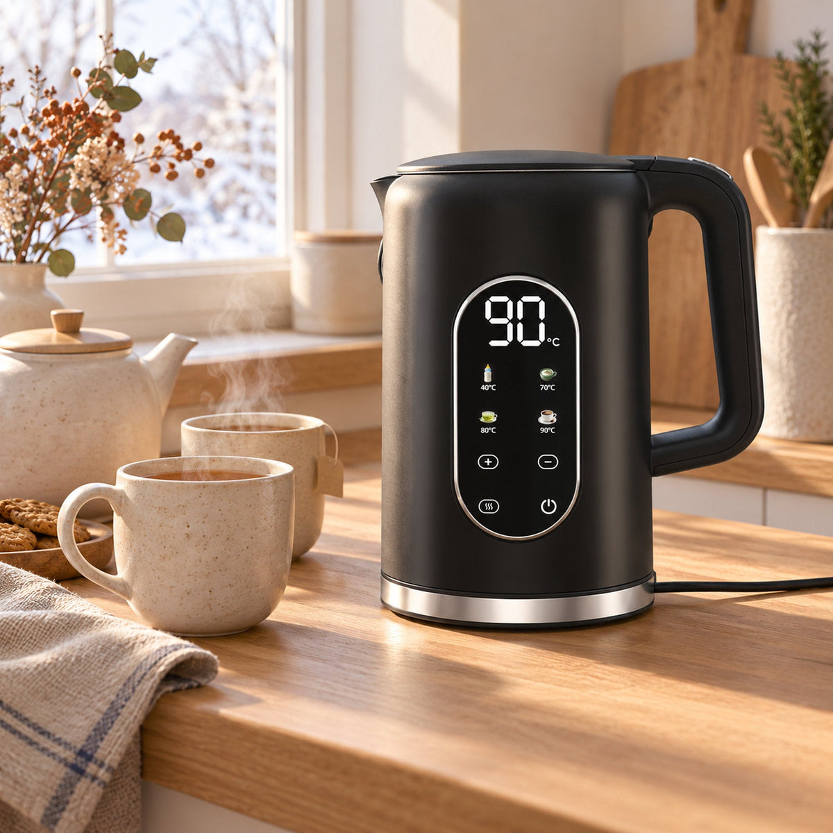JAP Aquanova waterkoker 1,7 liter met temperatuurregeling in gebruik
