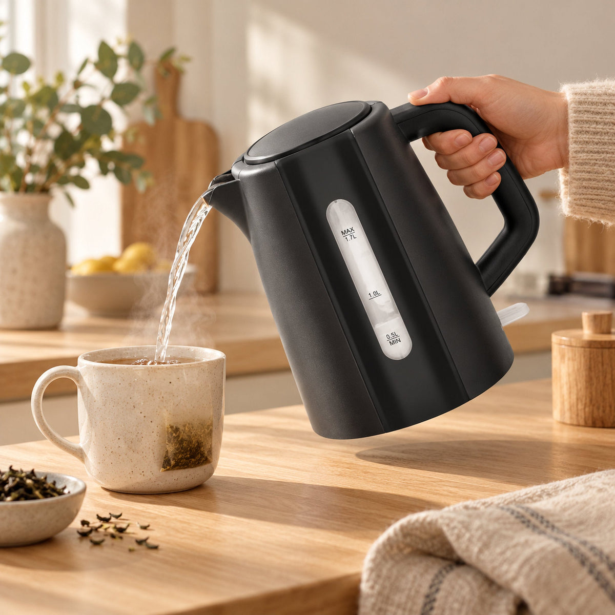 JAP Thermora waterkoker 1,7 liter met kalkfilter in gebruik