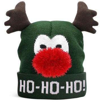 Kerstmuts Rudolf met hoorntjes en rode 3D neus (groen) - JAP Christmas